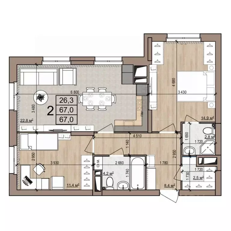 2-к кв. Рязанская область, Рязань ул. Новоселов, 33Б (67.0 м) - Фото 1