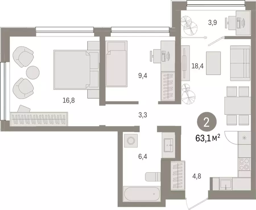 2-комнатная квартира: Тюмень, Мысовская улица, 26к1 (63.07 м) - Фото 1