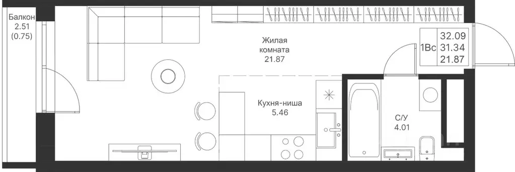 Студия Татарстан, Казань Мой Ритм жилой комплекс, ПК4 (32.09 м) - Фото 0