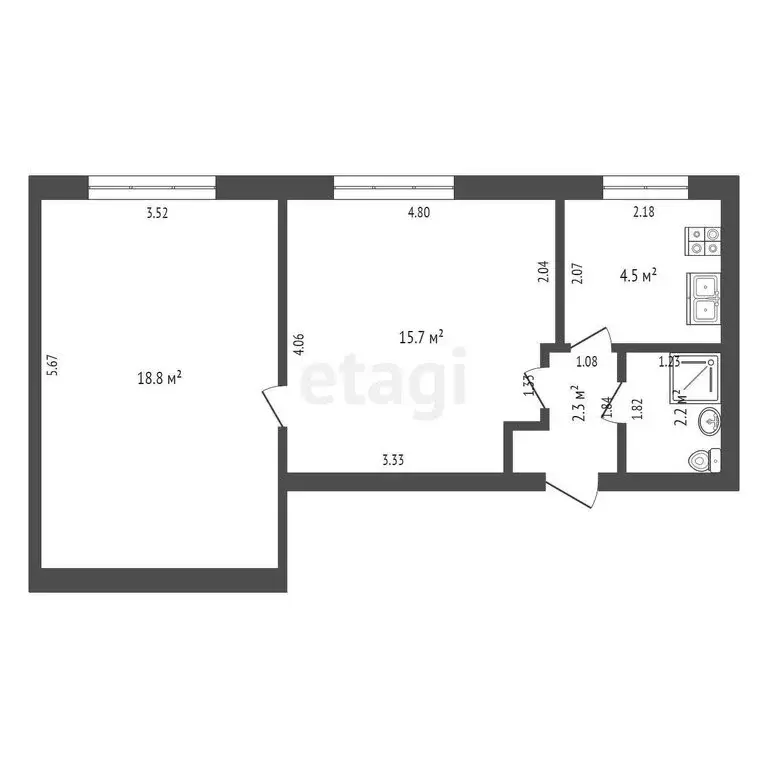 1к в -комнатной квартире (21.7 м) - Фото 1