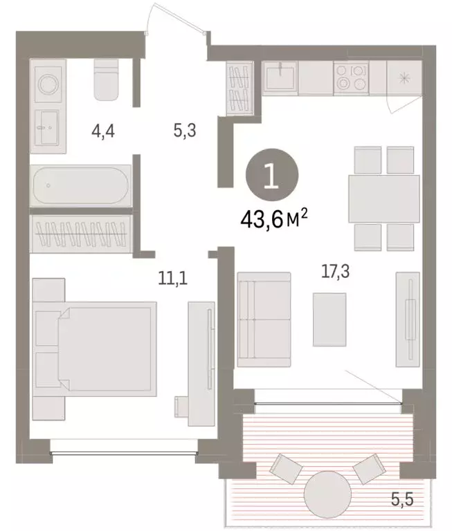 1-комнатная квартира: Тюмень, ЖК Дом у Озера (43.6 м) - Фото 1
