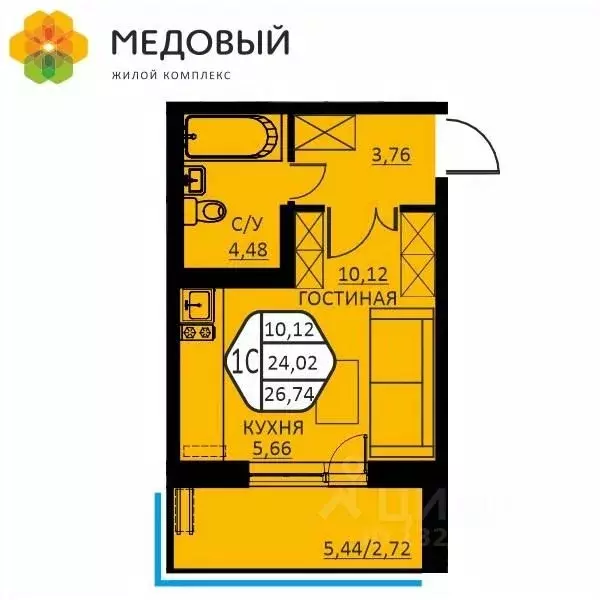 1-к кв. Пермский край, д. Кондратово ул. Н.М. Яблокова, 4 (26.74 м) - Фото 1