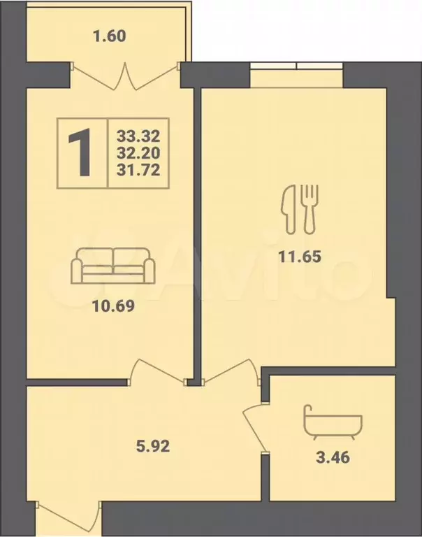 1-к. квартира, 33,3 м, 6/6 эт. - Фото 1