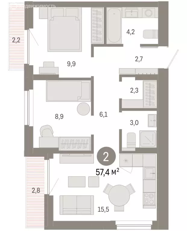 2-комнатная квартира: Новосибирский район, рабочий посёлок Краснообск, ... - Фото 1