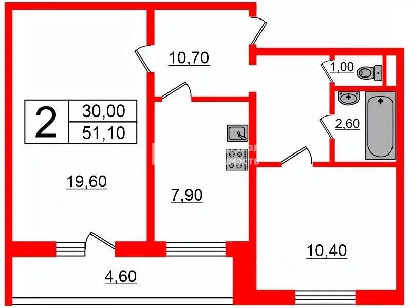 2-к кв. санкт-петербург ириновский просп, 31/48 (51.1 м) - Фото 1