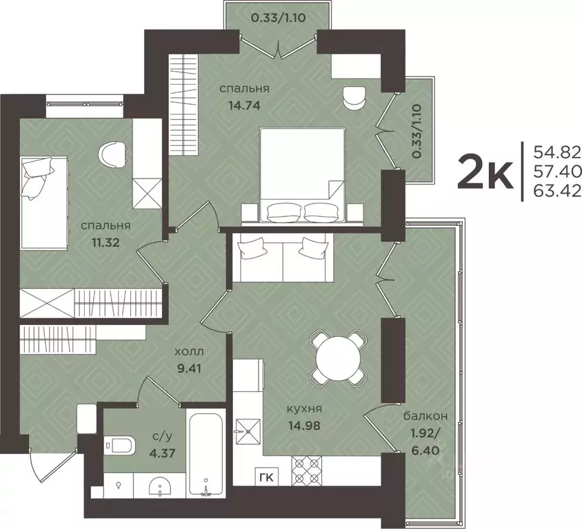 2-к кв. Калининградская область, Гурьевск  (57.4 м) - Фото 1