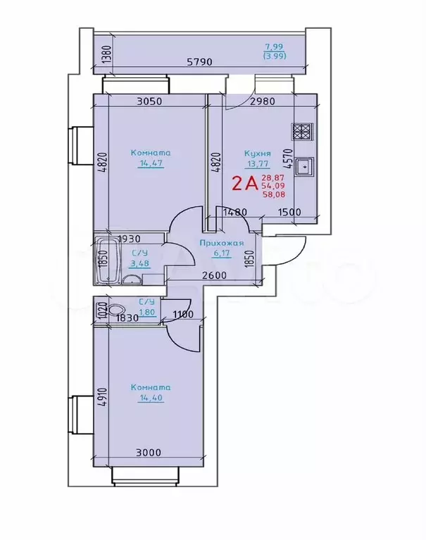 2-к. квартира, 58,1 м, 8/8 эт. - Фото 0