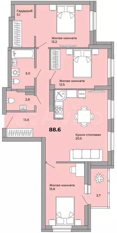 3-к. квартира, 88,6 м, 8/21 эт. - Фото 0