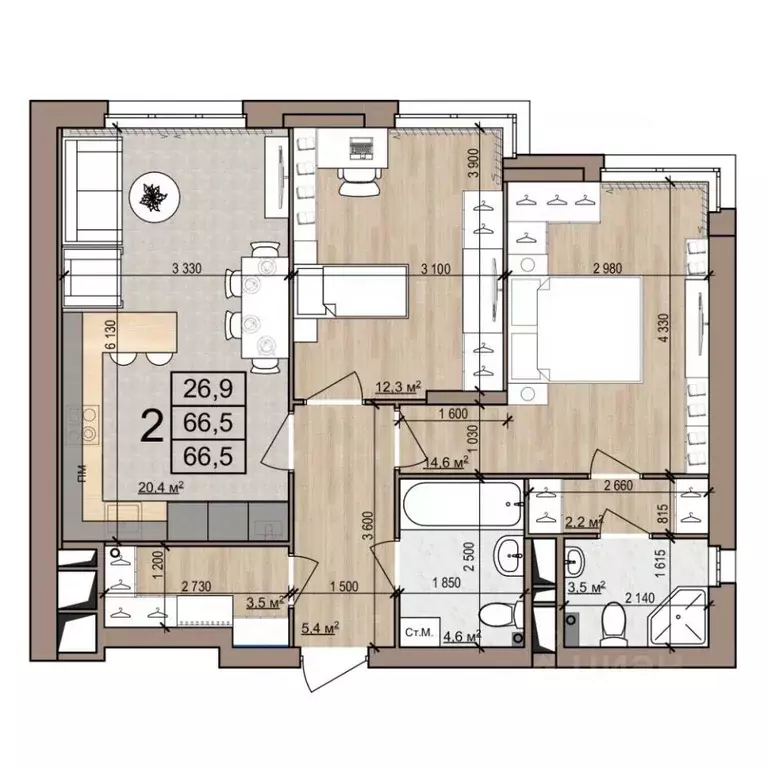2-к кв. Рязанская область, Рязань ул. Новоселов, 33Б (66.5 м) - Фото 1