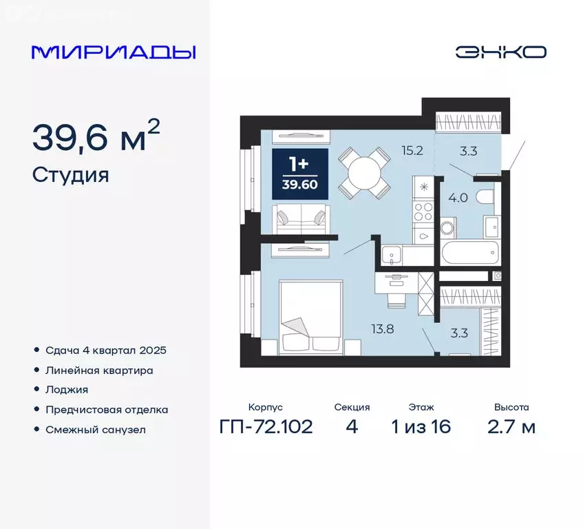 Квартира-студия: Тюмень, Ленинский округ (39.6 м) - Фото 0