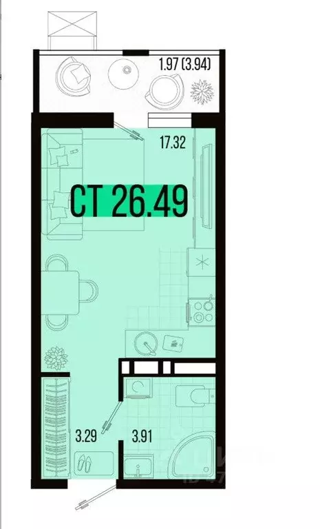 Студия Краснодарский край, Северская ст-ца ул. Западная, 27 (26.49 м) - Фото 2