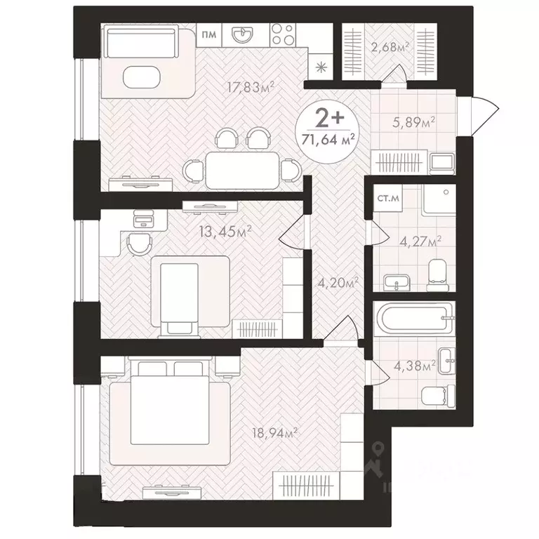 2-к кв. Башкортостан, Уфа Южный-2 мкр,  (71.64 м) - Фото 1