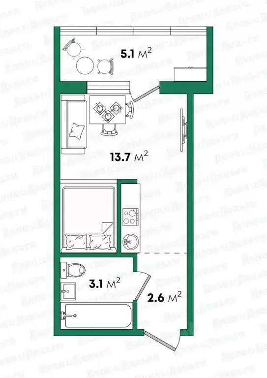 Студия Кировская область, Киров ул. Ивана Попова, 38 (21.6 м) - Фото 2