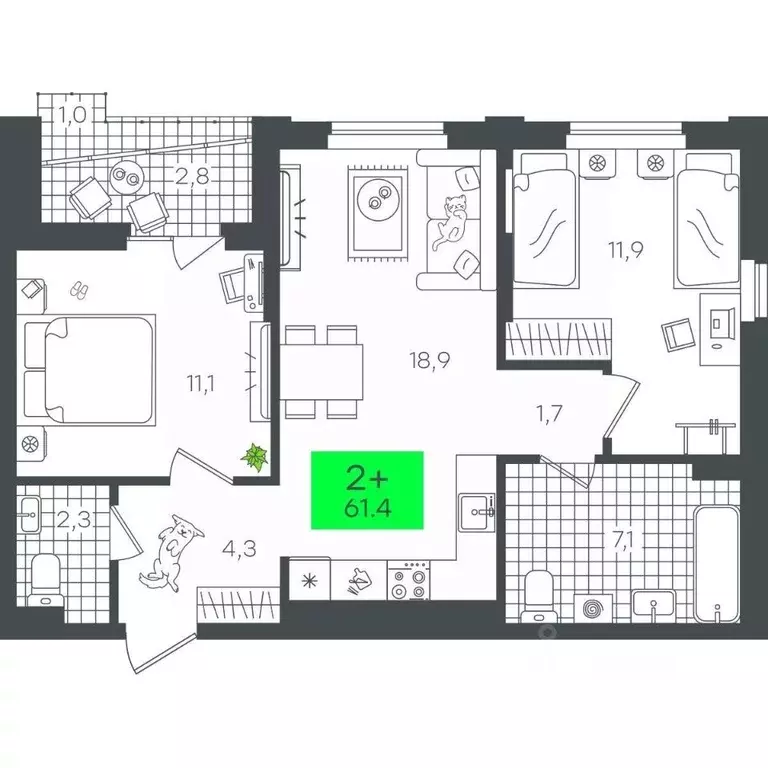 2-к кв. Тюменская область, Тюмень ул. Василия Малкова, 5 (61.44 м) - Фото 0