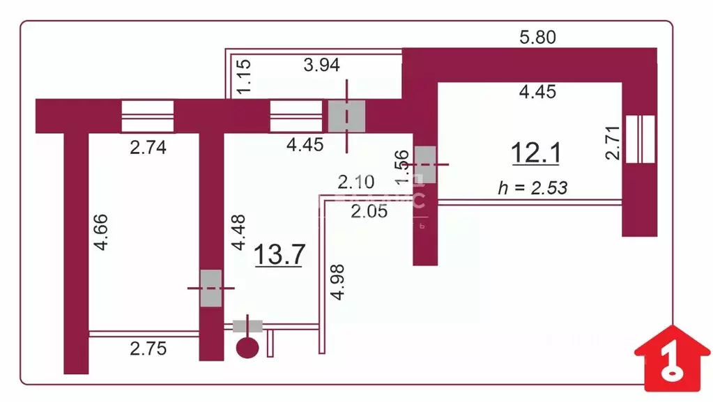 2-к кв. Омская область, Омск ул. Лермонтова, 130б (42.0 м) - Фото 1