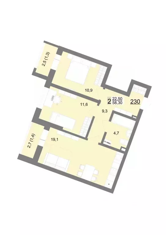 2-к кв. Свердловская область, Екатеринбург ул. Металлургов, 63/1 (58.3 ... - Фото 1