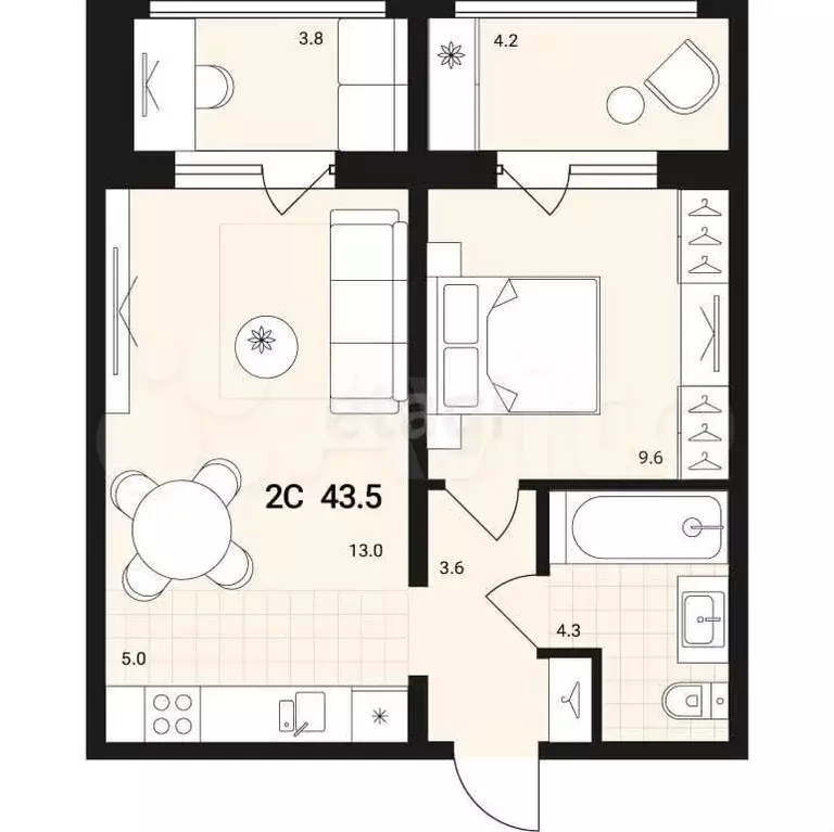 2-к. квартира, 43,5 м, 15/15 эт. - Фото 0