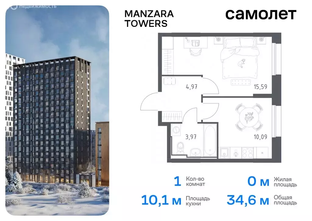 1-комнатная квартира: Казань, жилой комплекс Манзара Тауэрс (34.62 м) - Фото 0