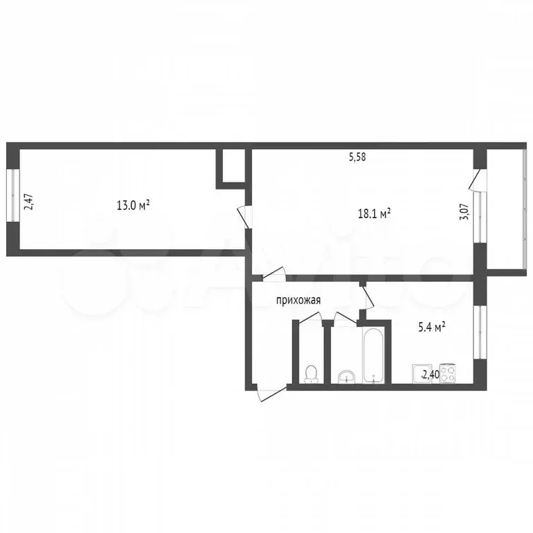 2-к. квартира, 43,9 м, 2/5 эт. - Фото 0