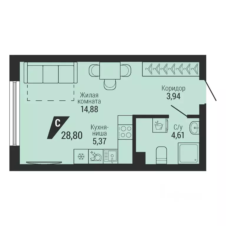 1-к кв. Свердловская область, Екатеринбург пер. Ученический, 4 (28.8 ... - Фото 1