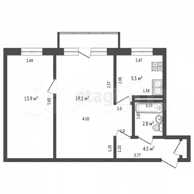 2-к. квартира, 45,8 м, 3/5 эт. - Фото 0