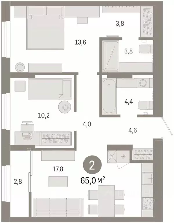 2-к кв. Тюменская область, Тюмень ул. Краснооктябрьская, 4к3 (64.9 м) - Фото 2