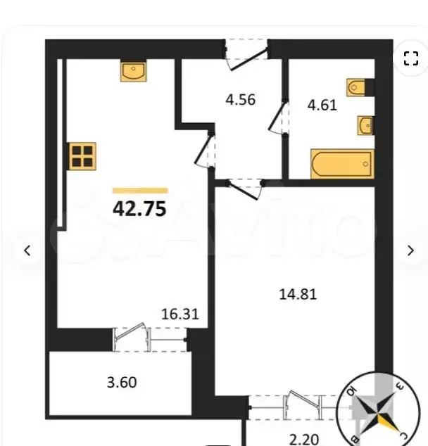 1-к. квартира, 42,8 м, 9/9 эт. - Фото 1