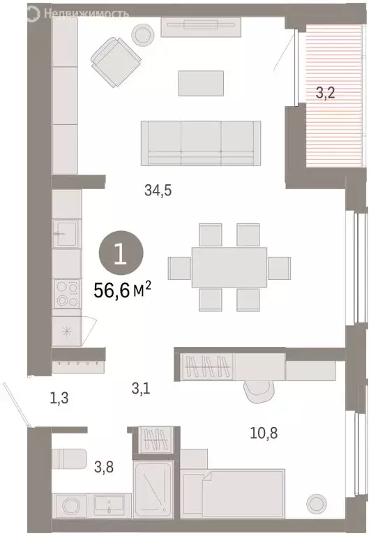 1-комнатная квартира: Омск, Кировский округ (56.66 м) - Фото 2