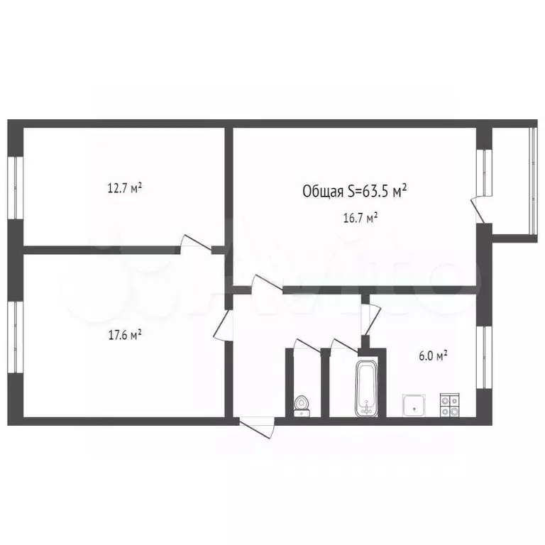 3-к. квартира, 63,5 м, 3/5 эт. - Фото 0