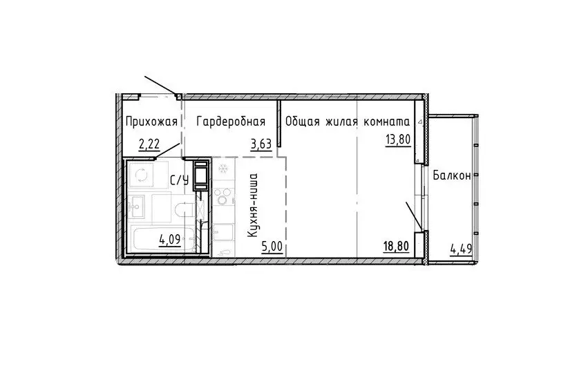 Квартира-студия: Санкт-Петербург, набережная реки Каменки, 11к1 (30.09 ... - Фото 1