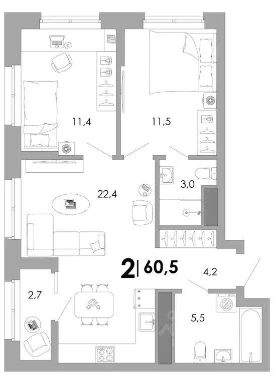 2-к кв. Владимирская область, Владимир Уно жилой комплекс (60.53 м) - Фото 1