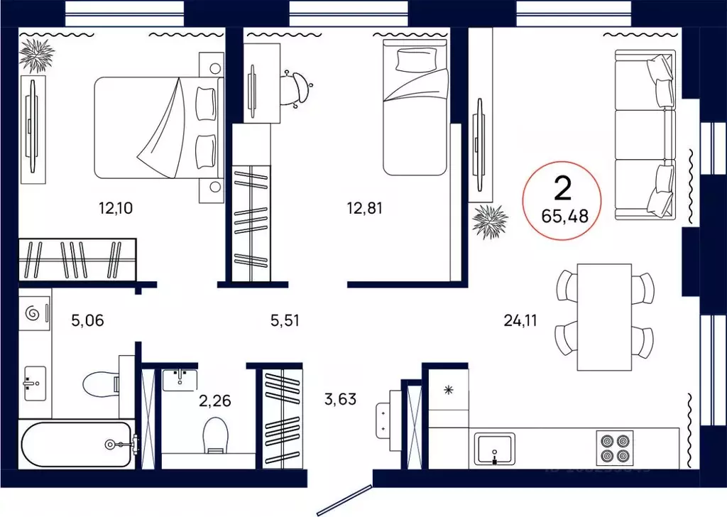 2-к кв. Тюменская область, Тюмень ул. Владислава Крапивина, 9 (65.48 ... - Фото 1