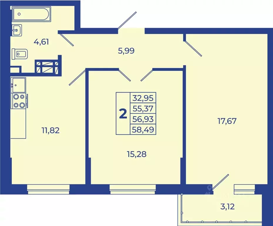 2-к кв. Ростовская область, Новочеркасск  (58.49 м) - Фото 1