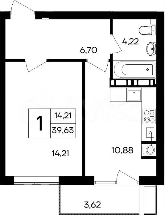 1-к. квартира, 39,6 м, 5/8 эт. - Фото 0