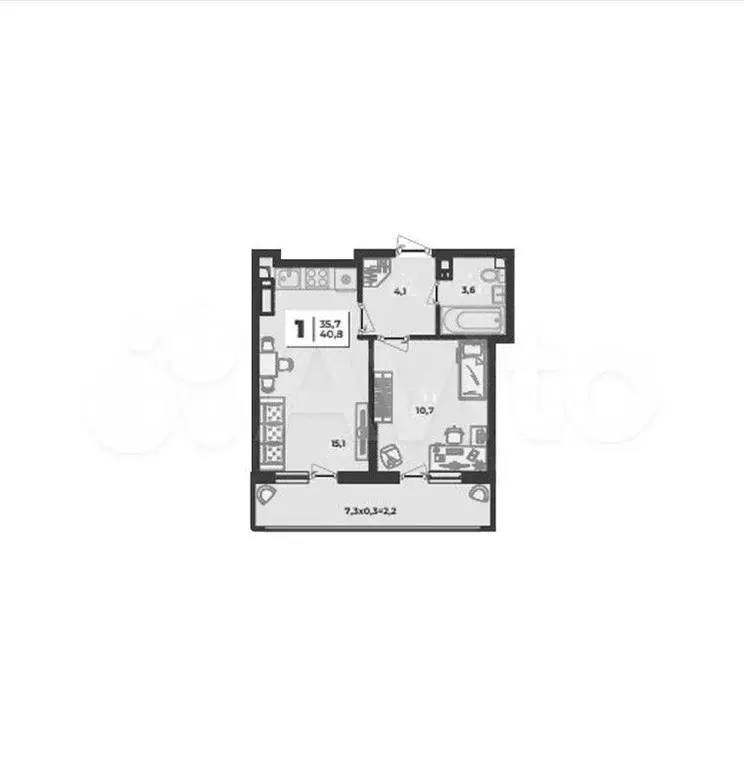 1-к. квартира, 35,7 м, 4/9 эт. - Фото 1