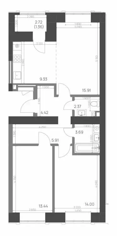 3-комнатная квартира: Нижнекамск, 15-й микрорайон, ЖК Калина (70.43 м) - Фото 0