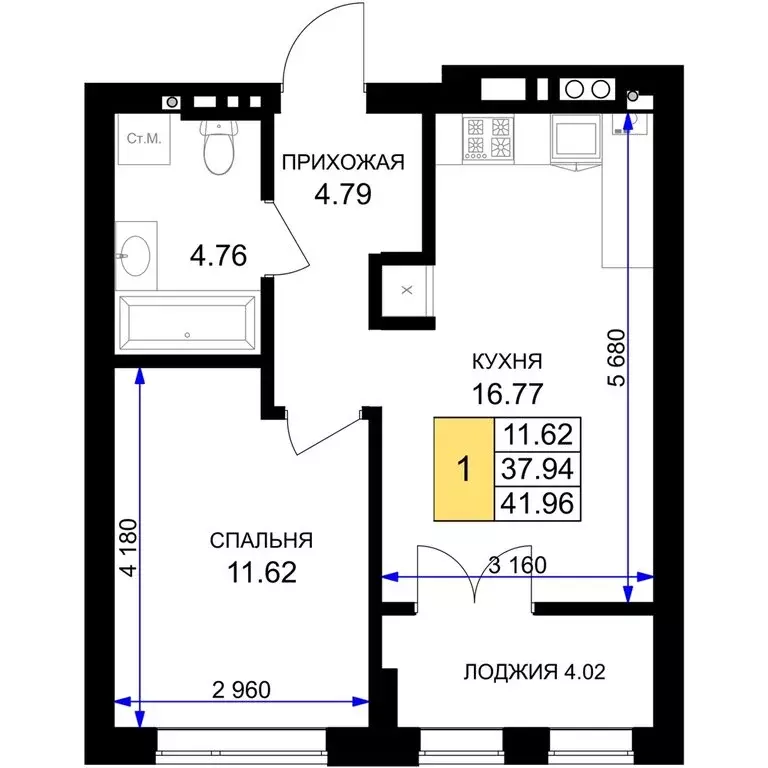 1-комнатная квартира: Гурьевск, жилой комплекс Включи (41.96 м) - Фото 0