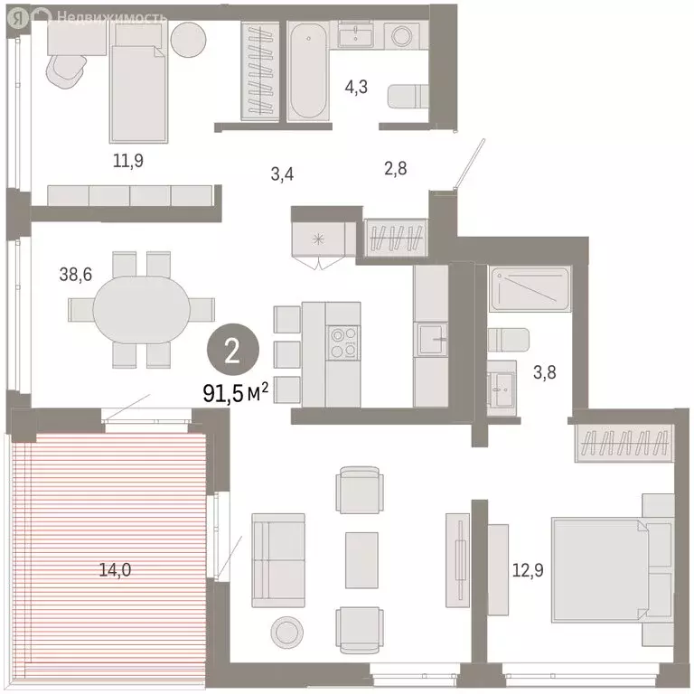 2-комнатная квартира: Тюмень, улица Республики, 205к3 (91.46 м) - Фото 2