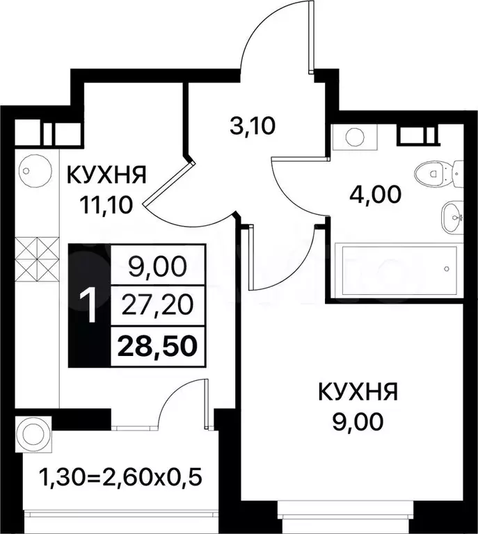 1-к. квартира, 28,5 м, 10/14 эт. - Фото 0