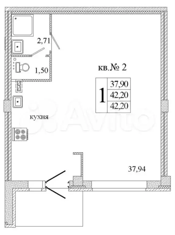 1-к. квартира, 42,2 м, 1/9 эт. - Фото 0