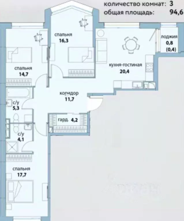 3-к кв. Москва ул. Крузенштерна, 3к3 (94.6 м) - Фото 2