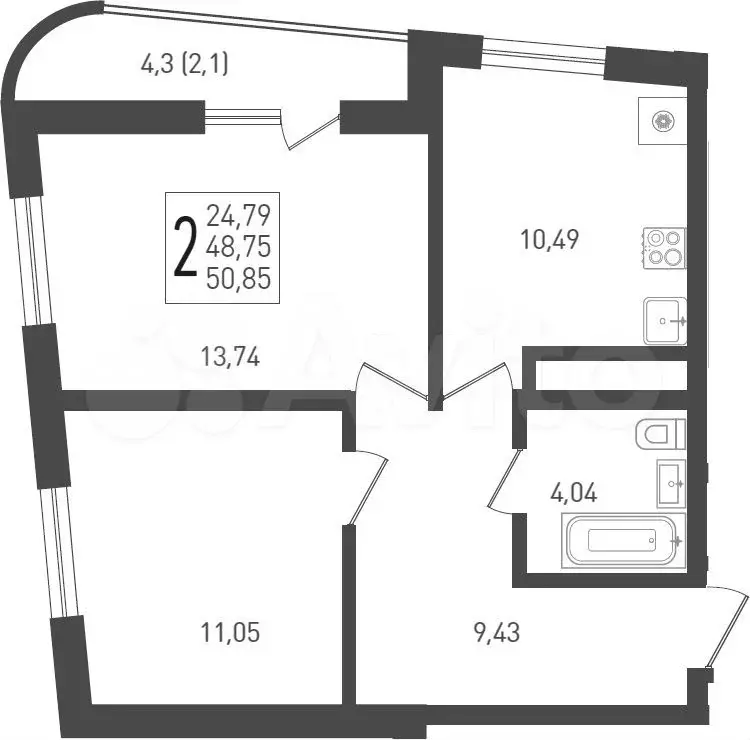 2-к. квартира, 48,8 м, 16/24 эт. - Фото 0