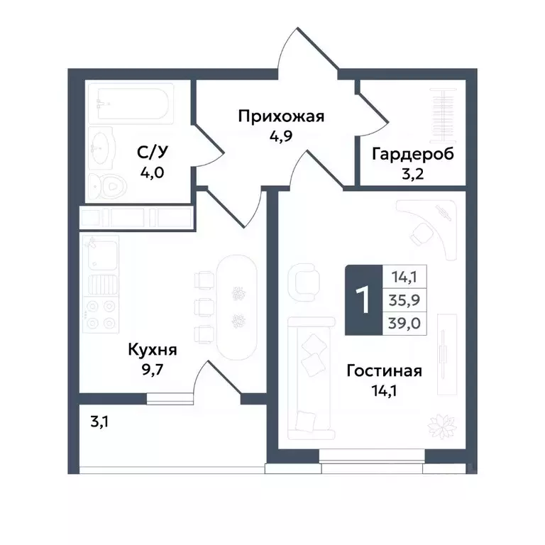 1-к кв. Ставропольский край, Ставрополь ул. Андрея Голуба, 11Б (39.0 ... - Фото 1