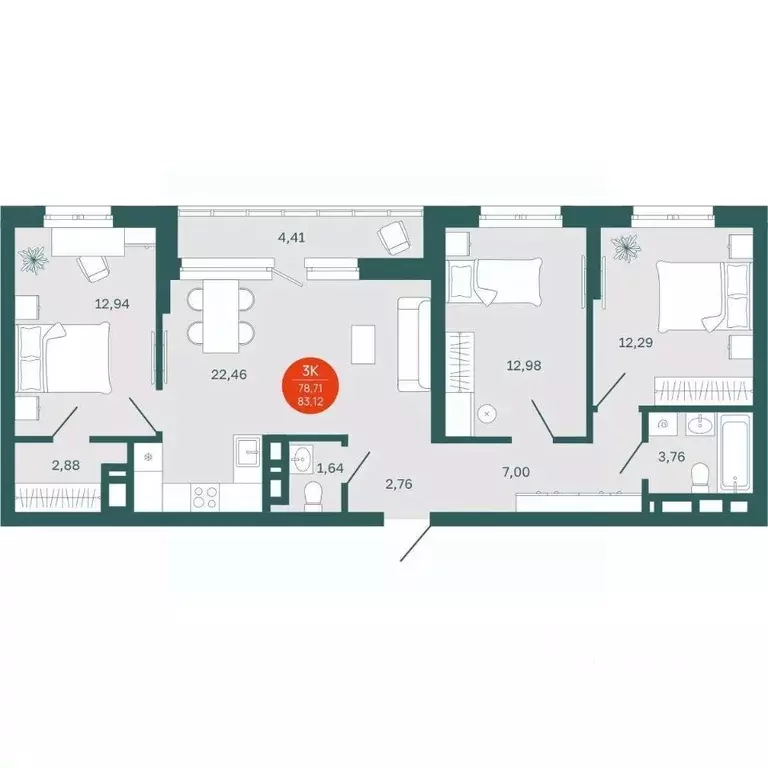 3-к кв. Тюменская область, Тюмень Одесская ул., 7к2 (78.71 м) - Фото 0