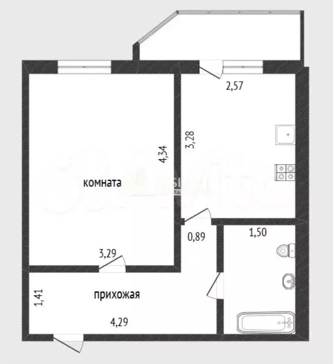 1-к. квартира, 33,3 м, 8/9 эт. - Фото 0