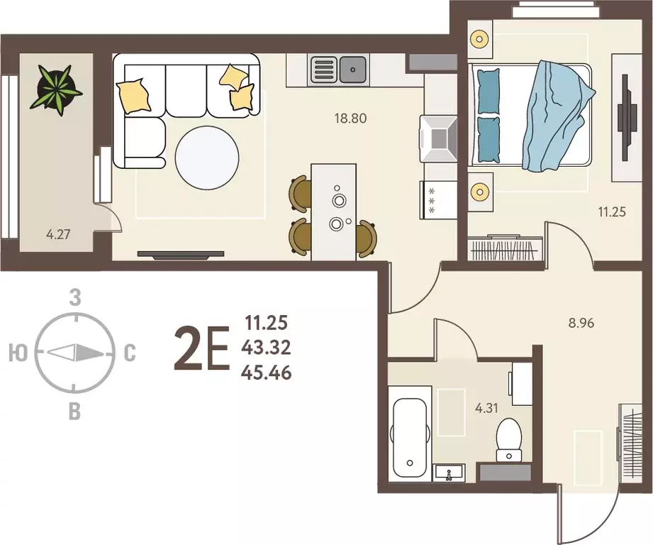 1-к квартира, 45.46 м - Фото 1
