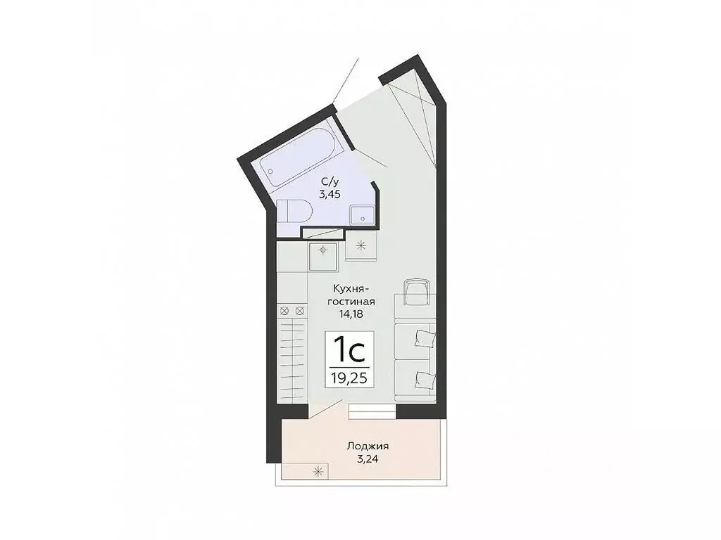 Студия Воронежская область, Воронеж ул. Туполева, 5Н (19.25 м) - Фото 1