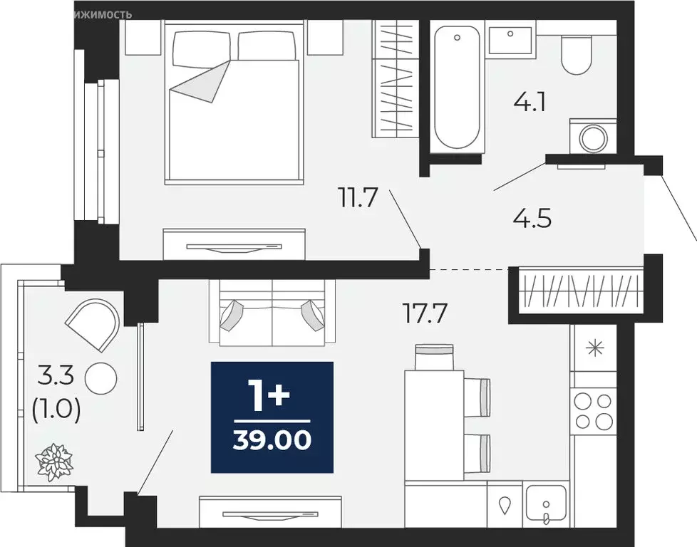 1-комнатная квартира: Тюмень, проезд Капитана Куликова, 7 (41.3 м) - Фото 0