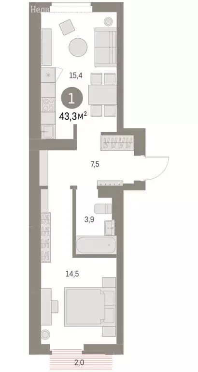 1-комнатная квартира: Екатеринбург, улица Академика Ландау, 7Г (44.57 ... - Фото 1