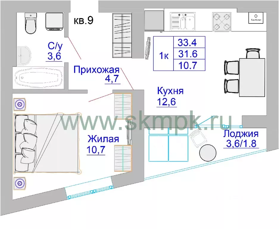 1-к кв. Калининградская область, Калининград Печатная ул. (33.4 м) - Фото 0